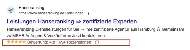 Snippet für die Seite mit den implementierten strukturierten Daten für Rezensionen